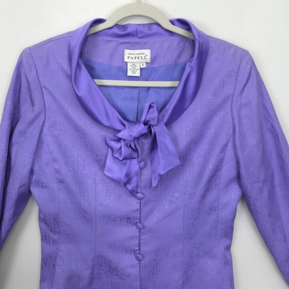 Adrianna Papell Silk Skirt Suit Set Purple Textured Tie Neck Career Wear VTG 90 - Picture 13 of 15